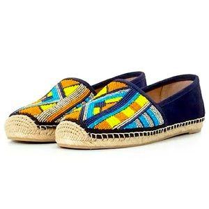 MARIS Sam Edelman Midnight Blue Yellow Beaded Suede Slip On Espadrille Flat